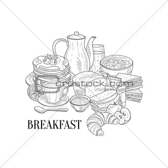 Breakfast Traditional Food And Drink Hand Drawn Realistic Sketch