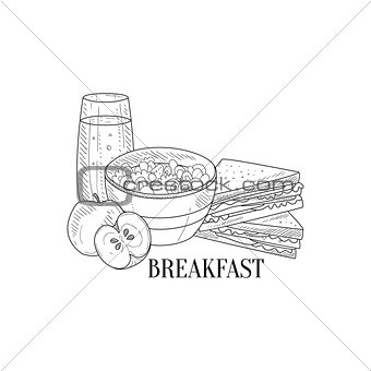 Breakfast With Porridge, Sandwich And Juice Hand Drawn Realistic Sketch