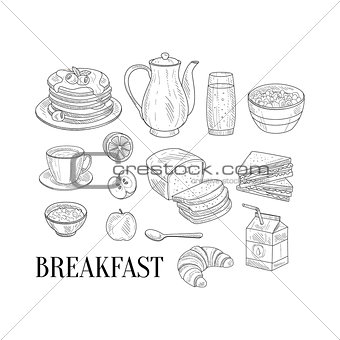 Breakfast Related Isoated Food Items Hand Drawn Realistic Sketch