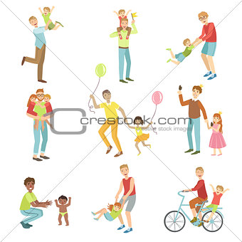 Fathers Playing With Kids Set Of Illustrations