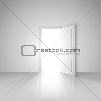 Clear white room with opened door to the new world