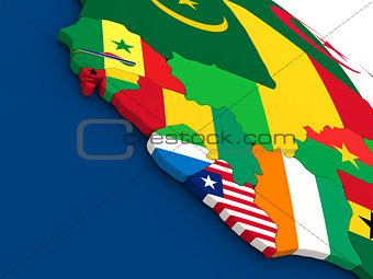Liberia, Sierra Leone and Guinea on globe with flags