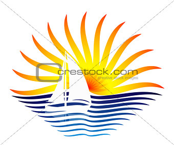 the logo with the sailboat and sun