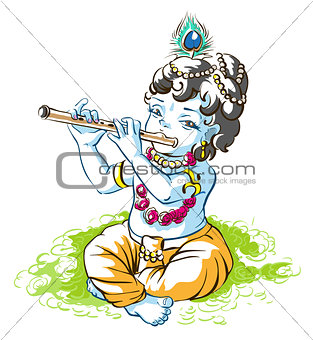 God Krishna Janmashtami. Boy shepherd playing flute