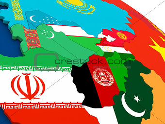Central Asia on globe with flags