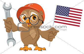 Labor Day USA. Owl holding wrench and American flag