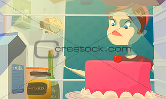 Girl on a diet. Woman looks at cake. Vector illustration.