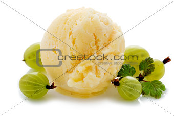 Vanilla ice cream and fresh gooseberries.