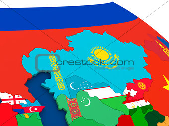 Kazakhstan on globe with flags