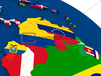 Colombia and Venezuela on globe with flags