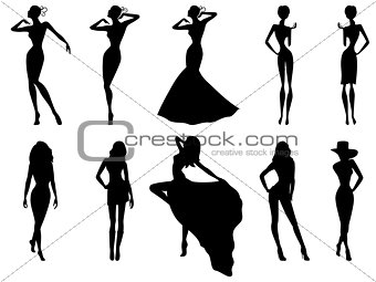 Set of ten female silhouettes over white