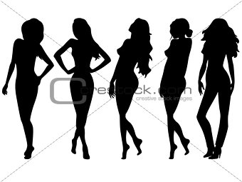 Set of five female silhouettes over white