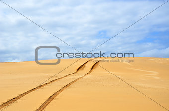 Vehicle tracks over a remote, deserted sand dune