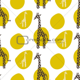 Giraffe vector seamless pattern. Safari animal texture green stains background.