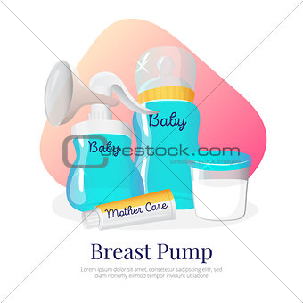 Vector goods for expression of breast milk. Newborn accessories illustration in cartoon style