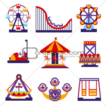 Amusement Park Icons Set of Vector Flat Design Illustrations