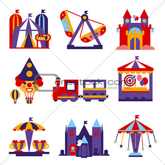 Amusement Park Vector Flat Design Illustrations Set