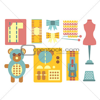 Handicraft and Sewing Icons in Flat Style, Vector Illustration Set