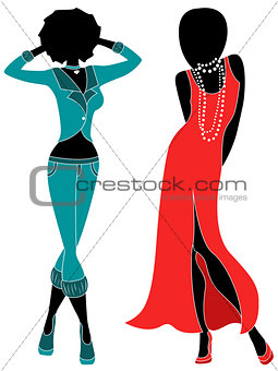 Attractive two women in pants and gown 