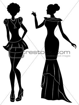 Ladies in short and long dresses stencil silhouettes 