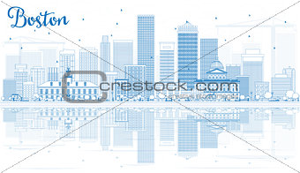 Outline Boston Skyline with Blue Buildings and Reflections. 