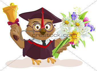 Owl teacher holding bouquet of flowers. School bell