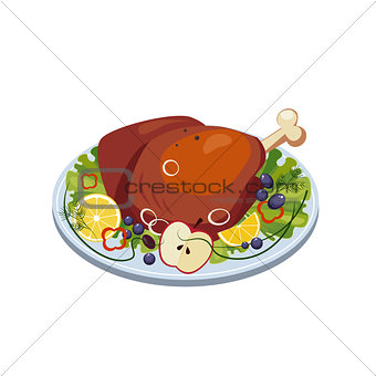 Roasted Turkey Ham with Vegetables and Apples on a Dish. Vector