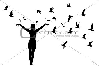 Silhouette of girl and birds