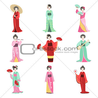 Japanese Geisha In Different Kimono Set