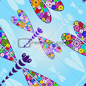 Spring seamless pattern with dragonflies