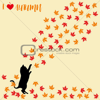Cat and falling autumn leaves. Maple leaf, autumnal. Cats silhouettes.