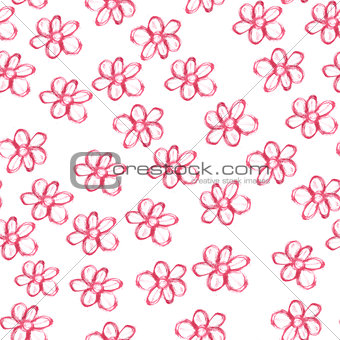 Seamless pattern with red watercolor flowers on white background