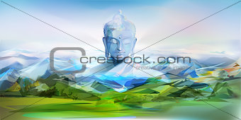 Buddha And Mountains, Vector Landscape