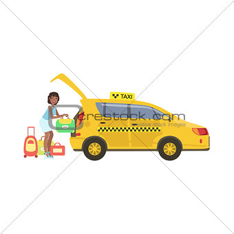 Woman Putting Her Luggage In The Trunk Of Yellow Taxi Car