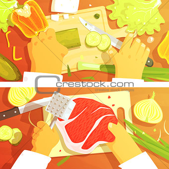 Cooking Of Salad And Steak Two Bright Color Illustrations.