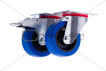 Industrial steel casters alined isolated on white background