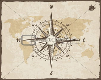 Vintage Nautical Compass. Old World Map on Vector Paper Texture with Torn Border Frame. Wind rose. Background Ship Logo Silhouette