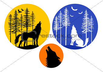 Howling wolf with moon, vector set