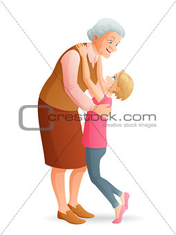 Smiling grandmother hugging her granddaughter. Vector illustration isolated on white background.