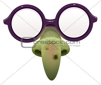 Witch mask for masquerade. Glasses and green nose with wart