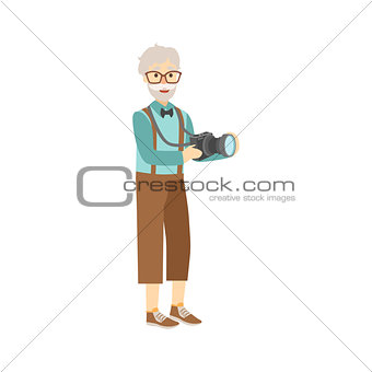 Old Man In Hipster Fashion Clother With Camera