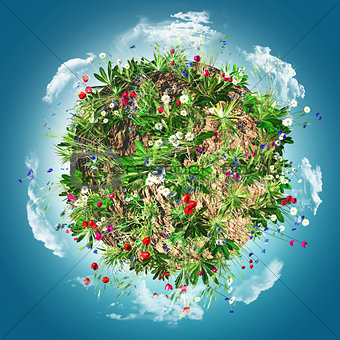3D globe with wild flowers and clouds