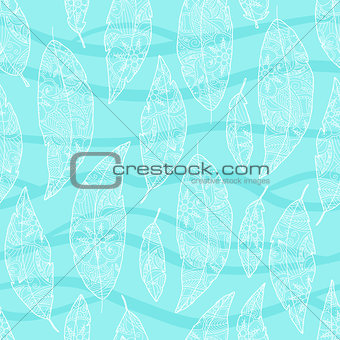 Seamless pattern of bird feathers with ornament inside isolated