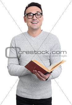 Young man holding a book isolated