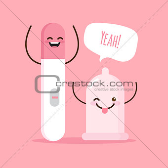 Vector cartoon illustration with condom and negative pregnancy test