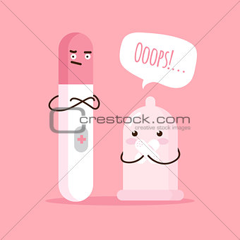 Vector cartoon illustration with condom and positive pregnancy test