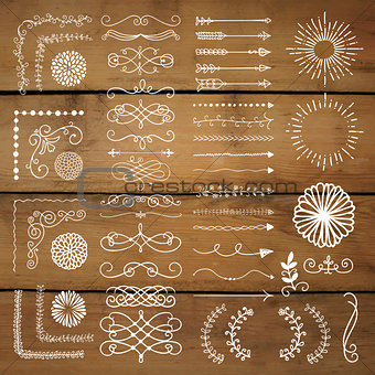 Vector Hand Drawn Design Elements on Wooden Texture