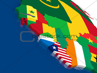 Liberia, Sierra Leone and Guinea on 3D map with flags