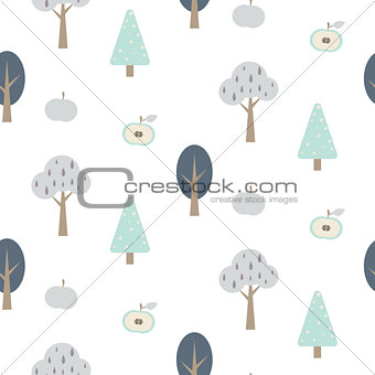 Blue forest seamless pattern with apples.