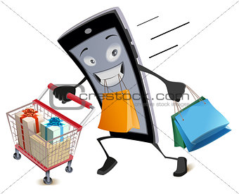 Black Friday virtual shopping. Joyful smartphone runs with shopping basket and bags